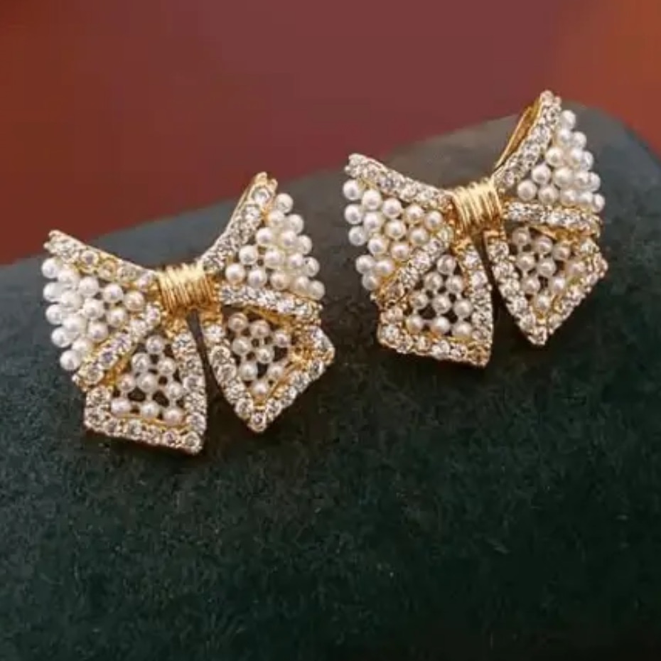 Wear It Well Bow Earrings Gold Pearl Crystals